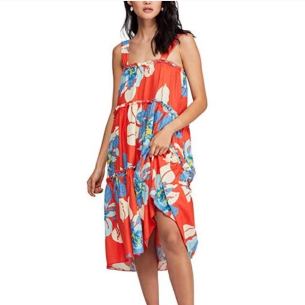 Free People Moonshine Midi Coral White Blue Floral Tiered Dress, Small